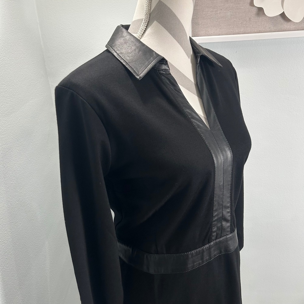 Talbots Petite Black Knee Length Long Sleeve Dress Faux Leather Trim Career  16‎ - Picture 5 of 8